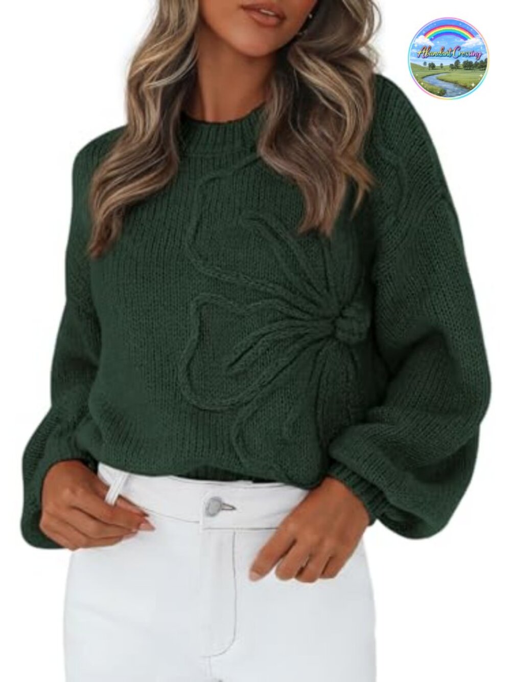 Oversized 3D Floral Knit Sweater Crew Neck Lantern Sleeve Pullover